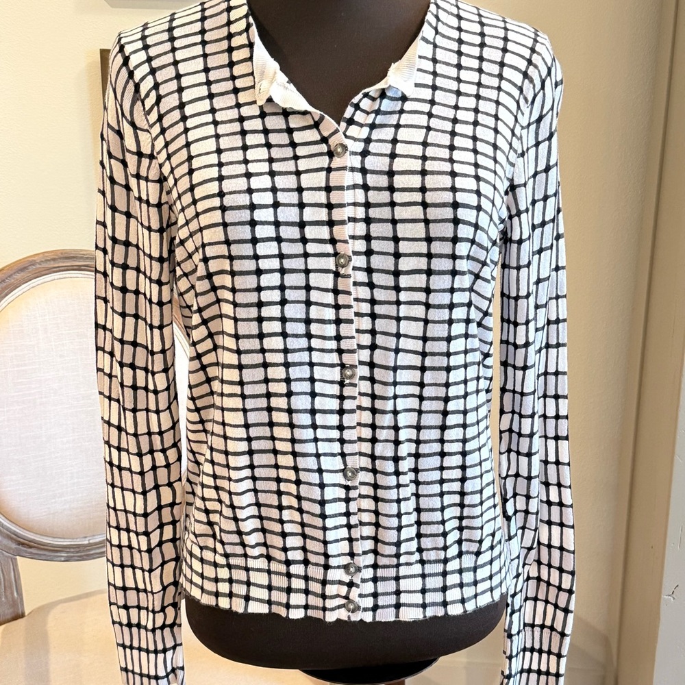 LOFT Black and White Grid Pattern Cardigan